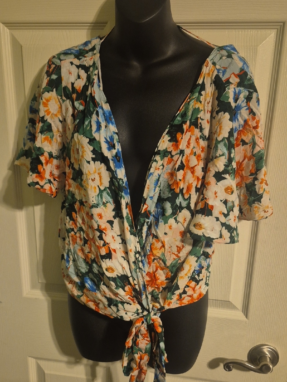 Zara Floral Tie-Front Blouse in White, Orange & Blue